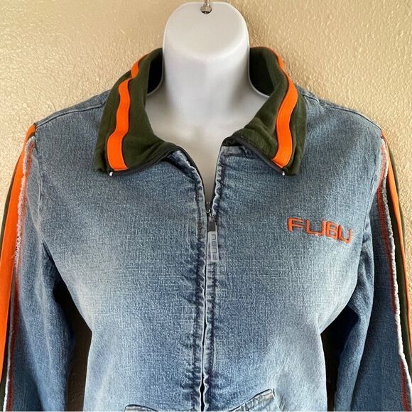 Vintage Fubu Women's Denim Zip Up Jacket with Orange and Green Stripe Accents L - Picture 2 of 16